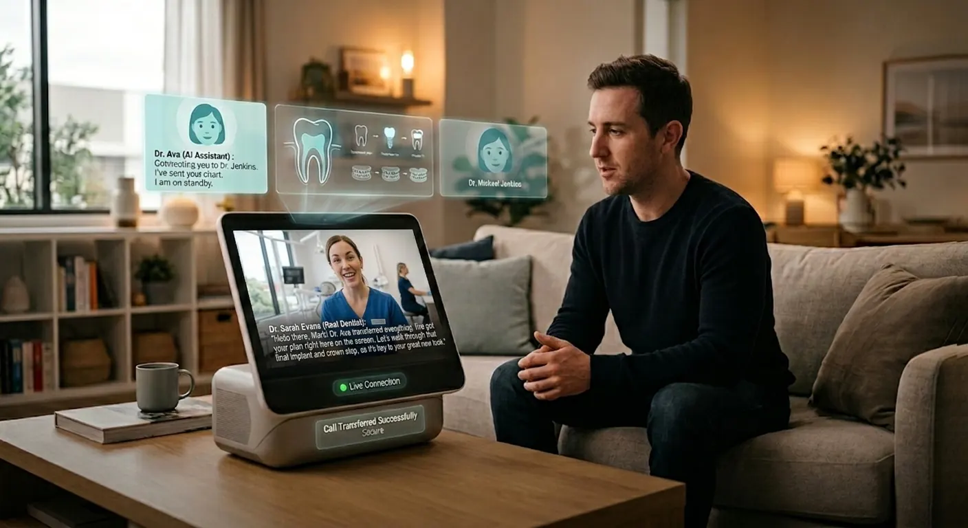 AI dental assistant transferring a patient call to the dentist over a live video connection