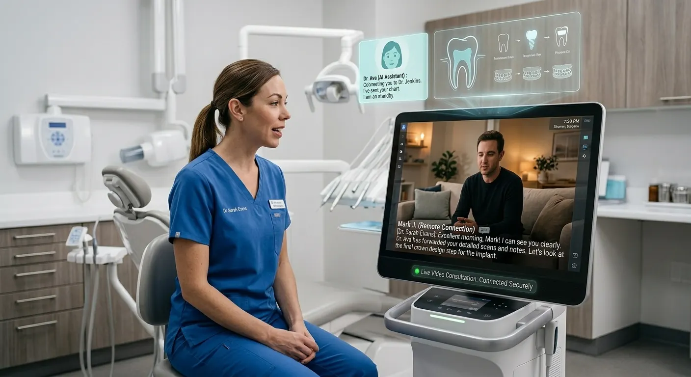 Dentist in her clinic on a secure video consultation with a remote patient prepared by the AI assistant