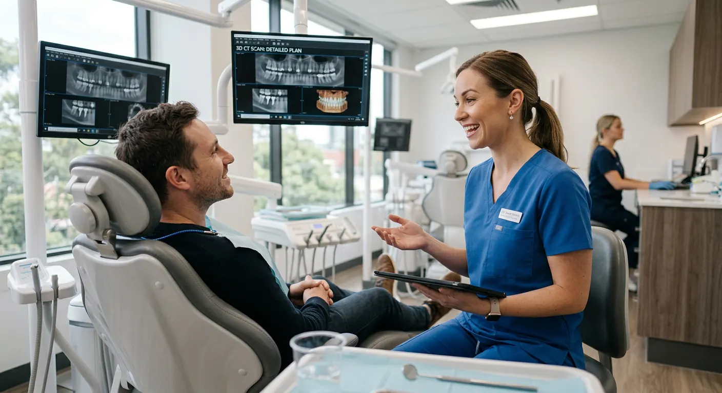 Dentist explaining a treatment plan to a patient in the dental chair with 3D CT scans on screen